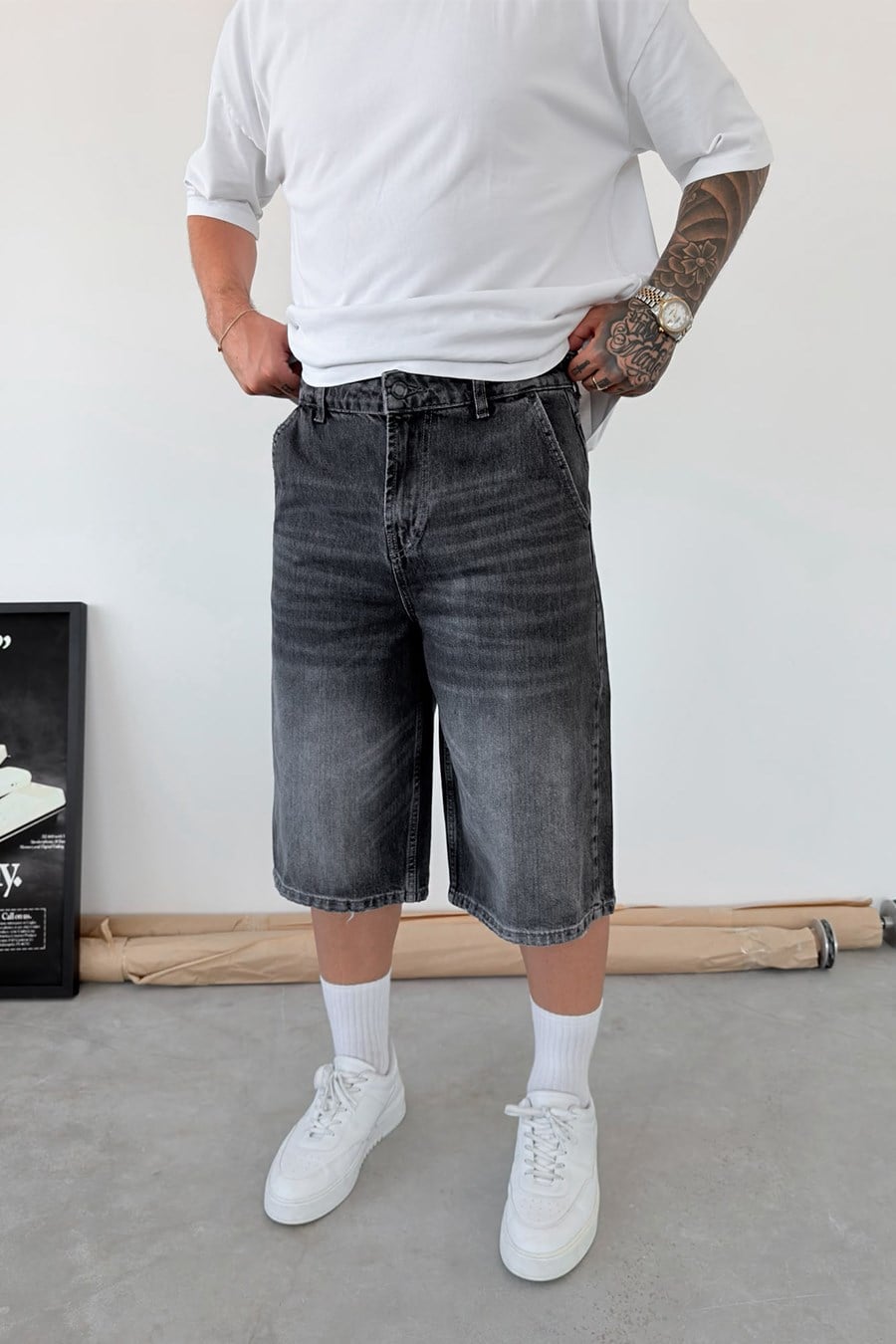 Koyu Gri Skater Fit Yıkamalı Bermuda Kot Şort