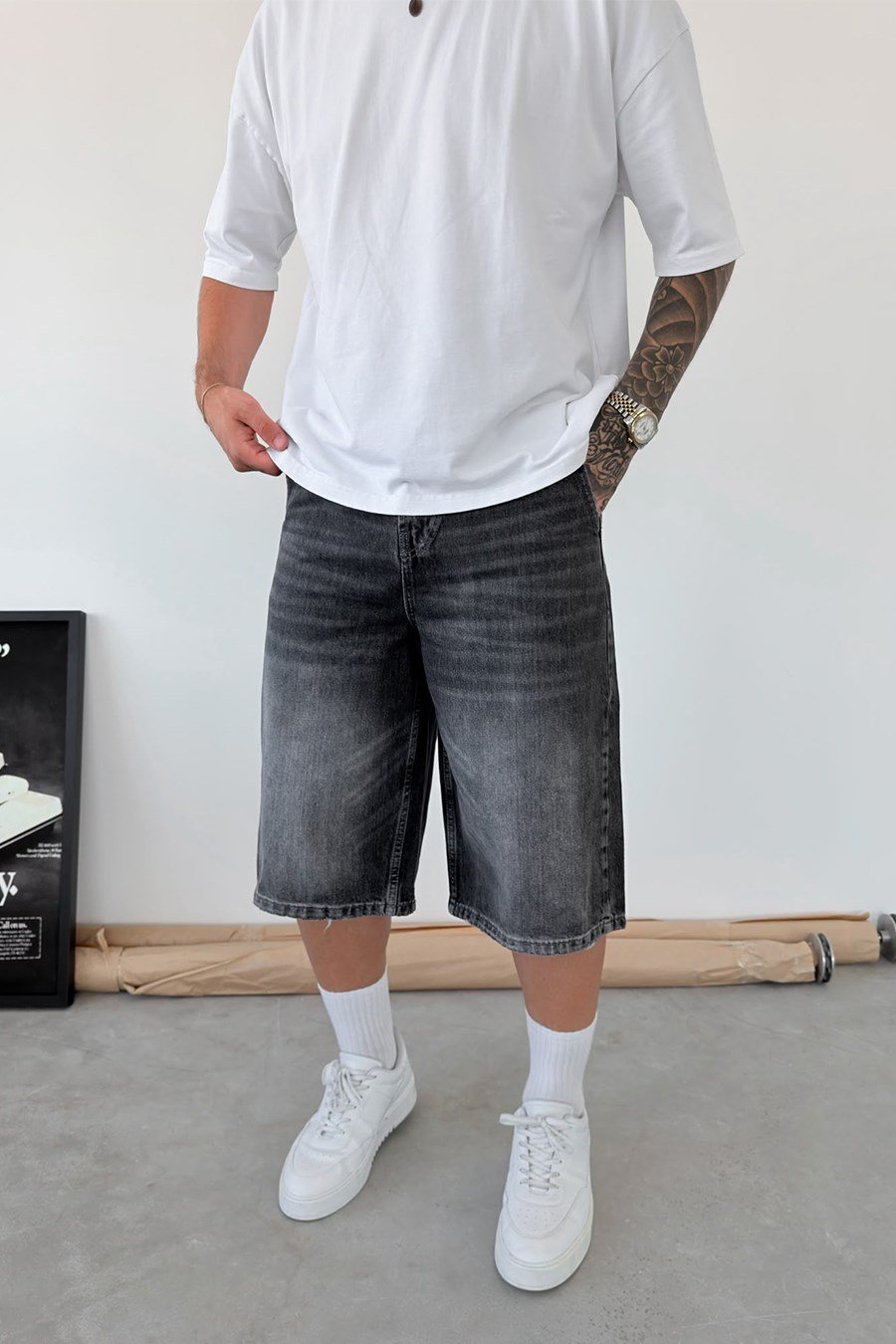 Koyu Gri Skater Fit Yıkamalı Bermuda Kot Şort