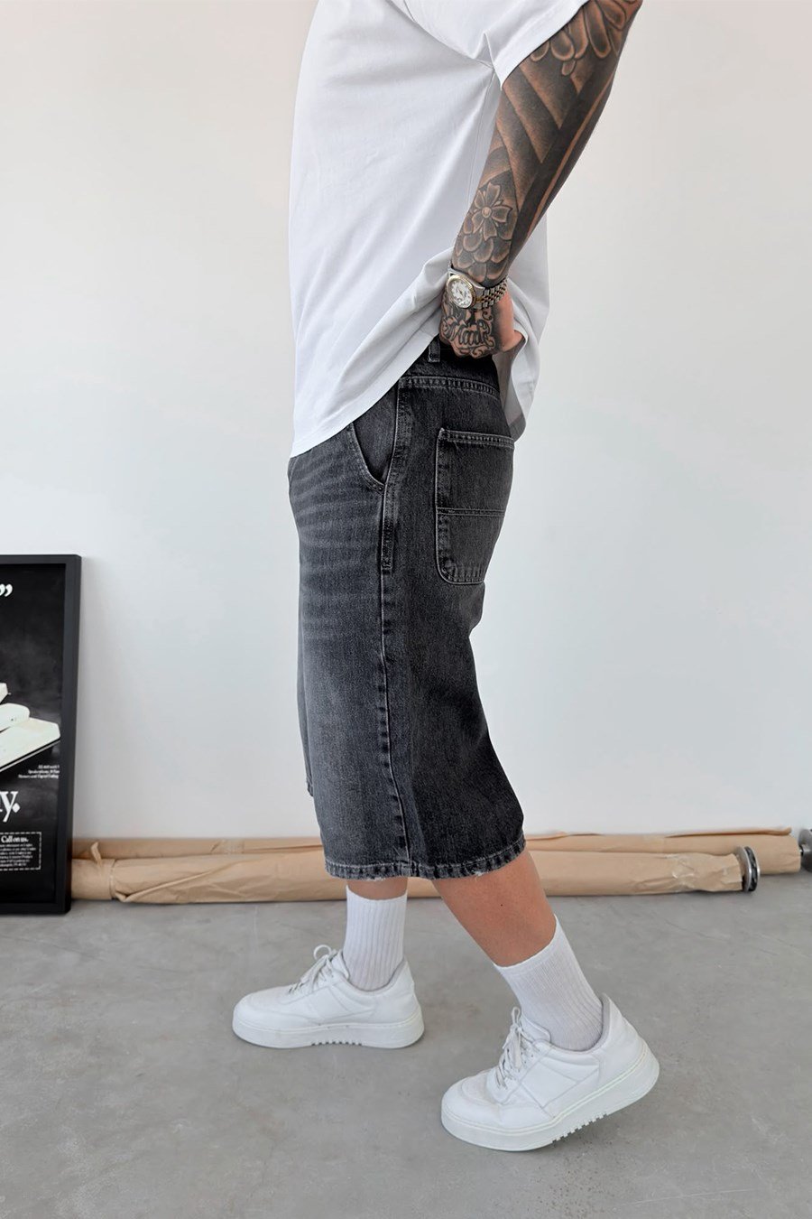 Koyu Gri Skater Fit Yıkamalı Bermuda Kot Şort