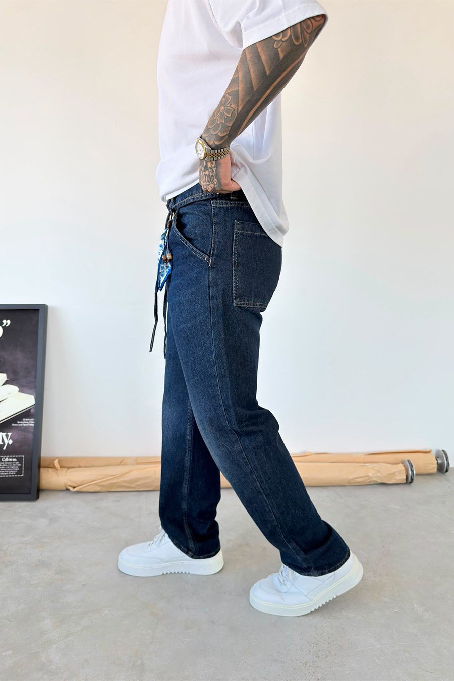 Koyu Mavi Aksesuar Detaylı Kemerli Baggy Pantolon