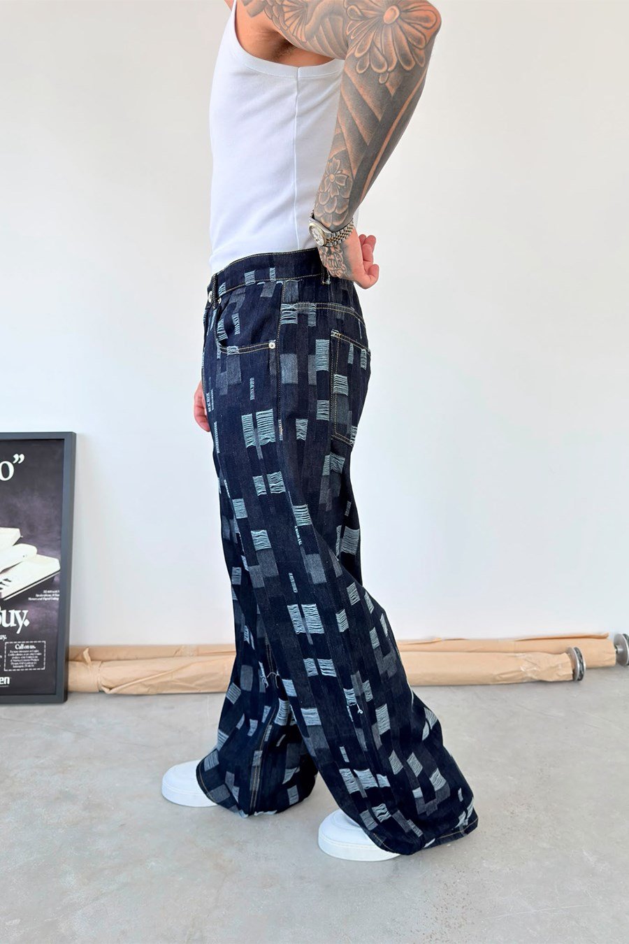 Koyu Mavi Rebel Plaid Süper Baggy Fit Pantolon
