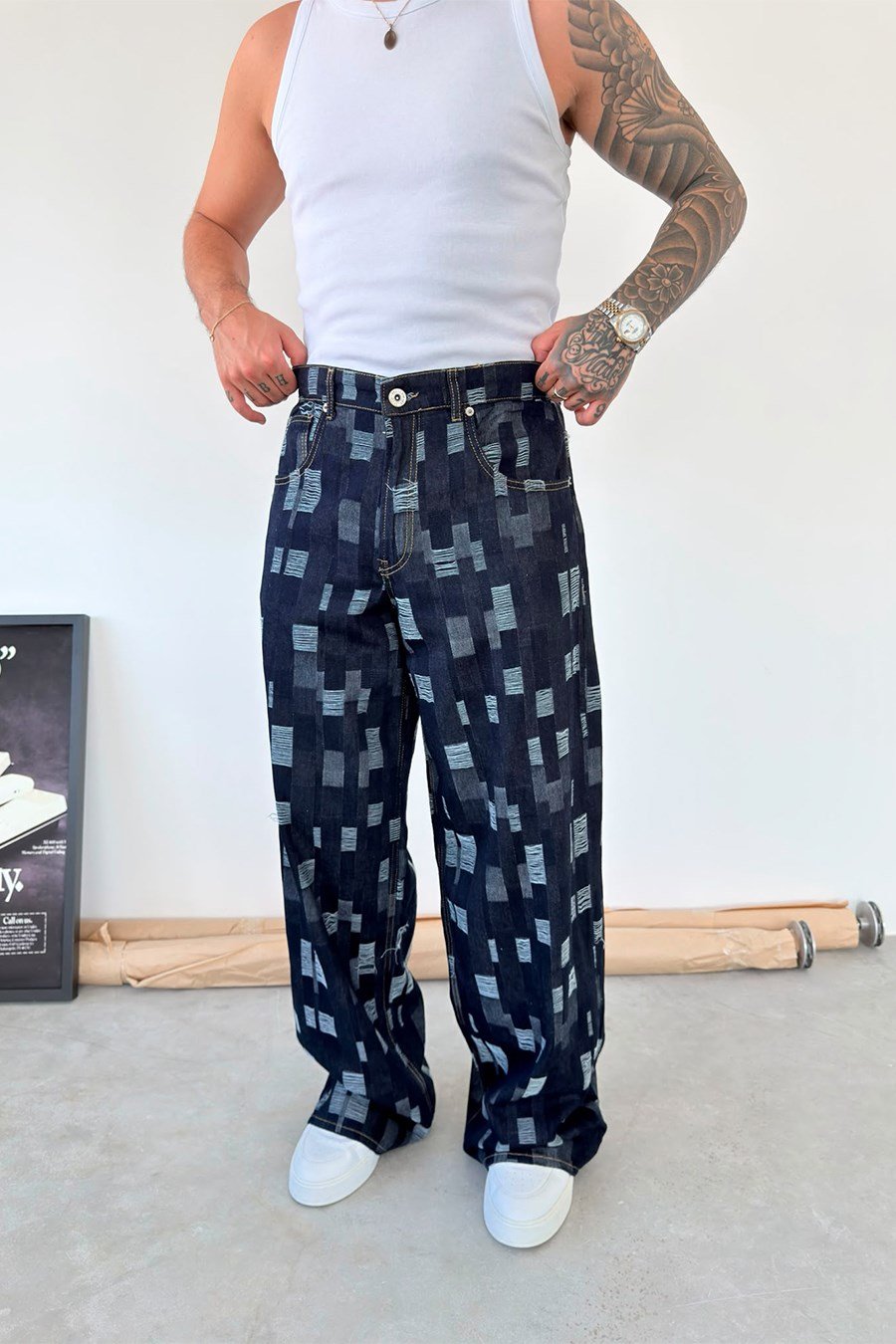 Koyu Mavi Rebel Plaid Süper Baggy Fit Pantolon