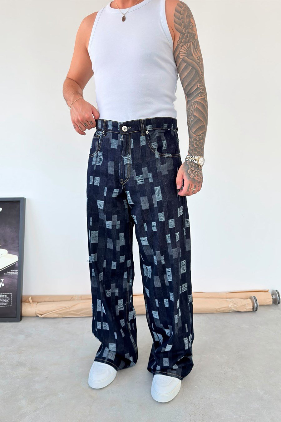 Koyu Mavi Rebel Plaid Süper Baggy Fit Pantolon