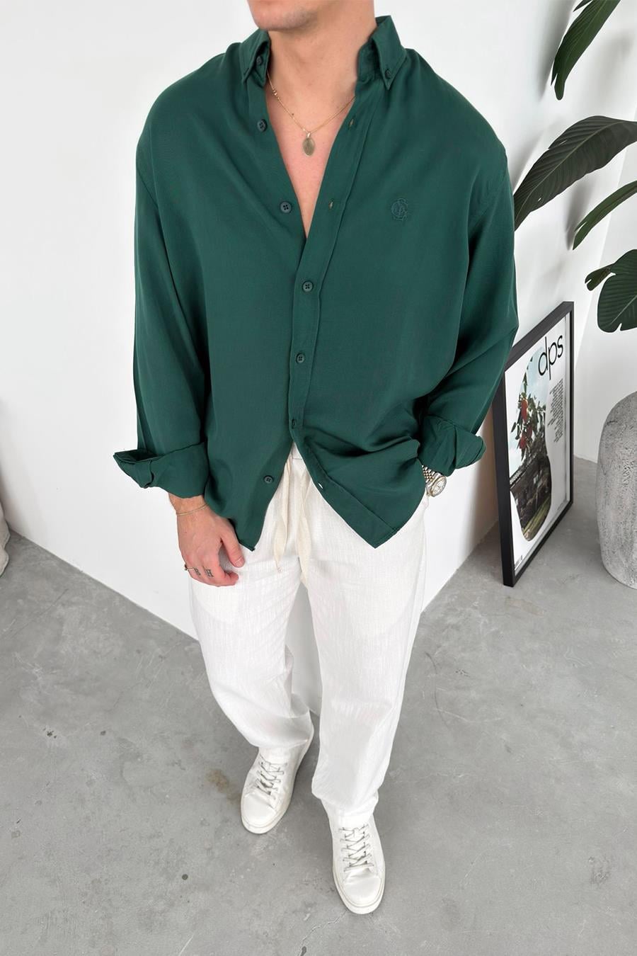 Koyu Yeşil Nakışlı Oversize Modal Gömlek