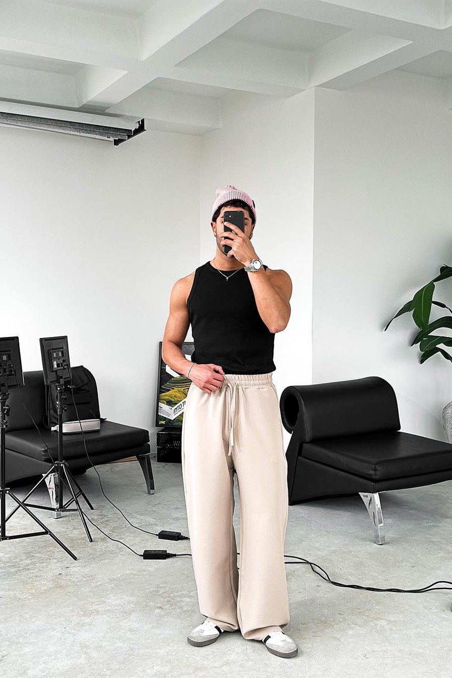 Krem Basic Beli Lastikli Baggy Kumaş Pantolon
