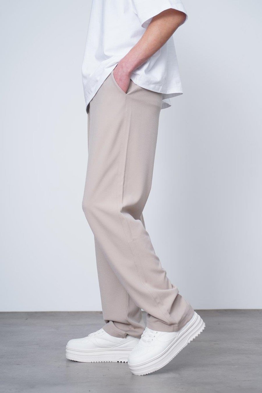 Krem Basic Beli Lastikli Kumaş EL Baggy Pantolon