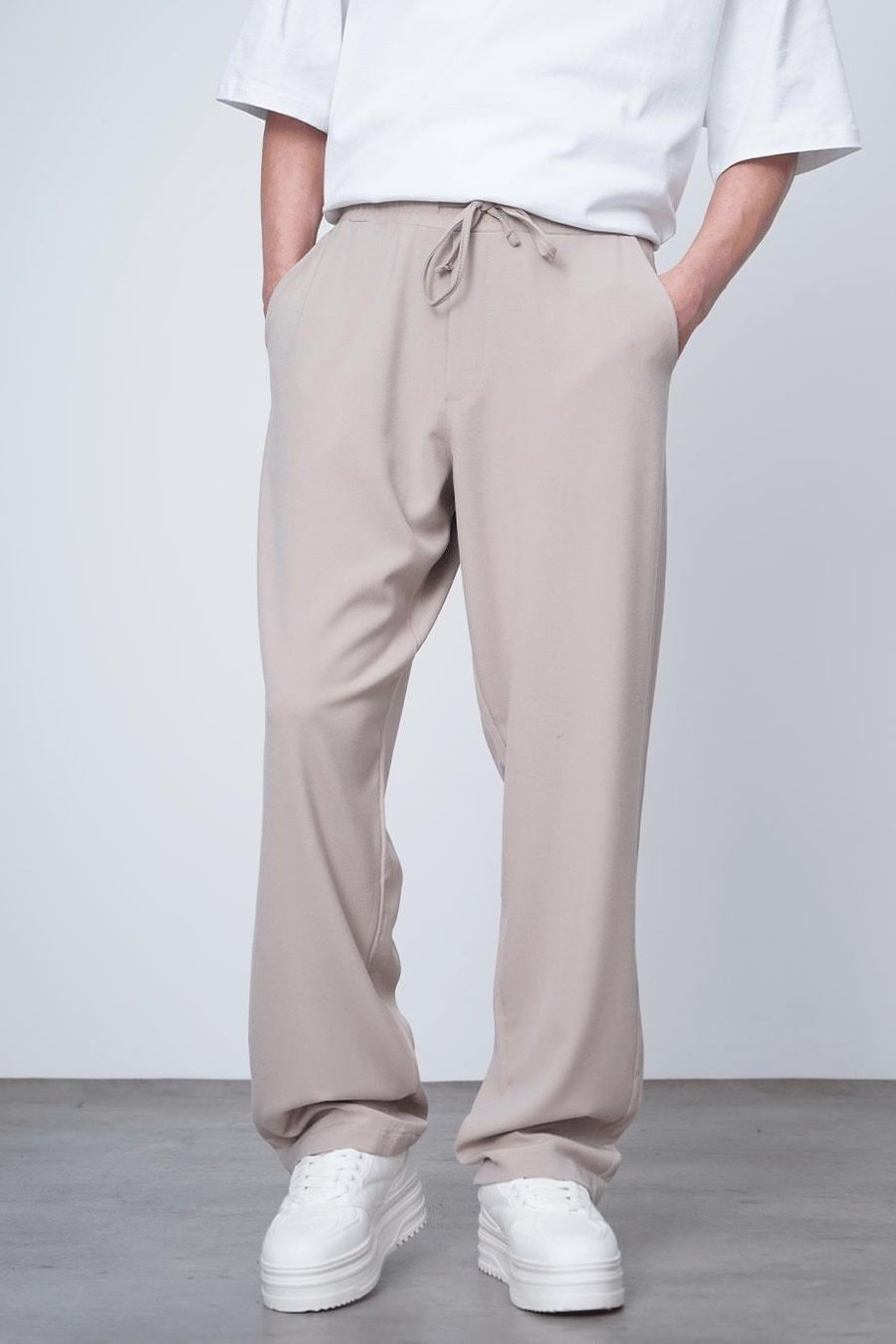 Krem Basic Beli Lastikli Kumaş EL Baggy Pantolon