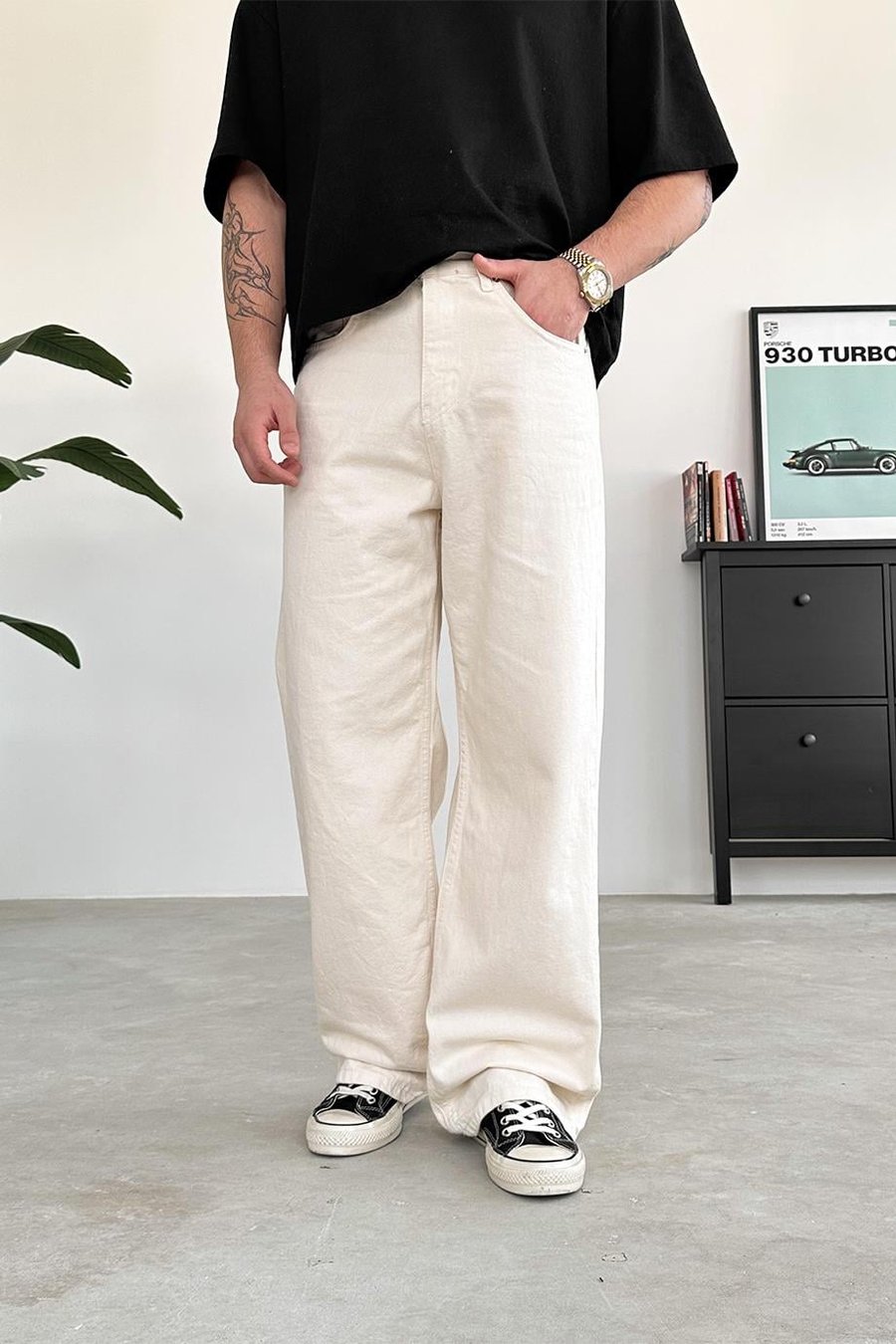 Krem Basic Ekstra Bol Baggy Pantolon