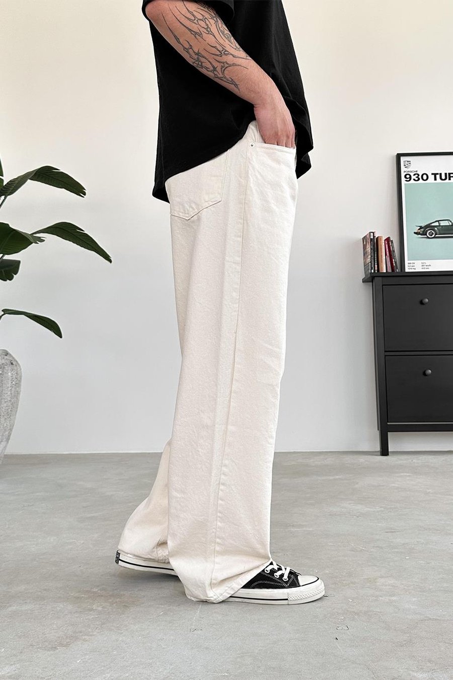 Krem Basic Ekstra Bol Baggy Pantolon