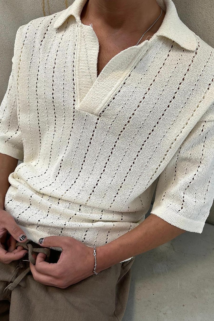 Krem Basic Örme Triko GO Polo Yaka Oversize Tişört