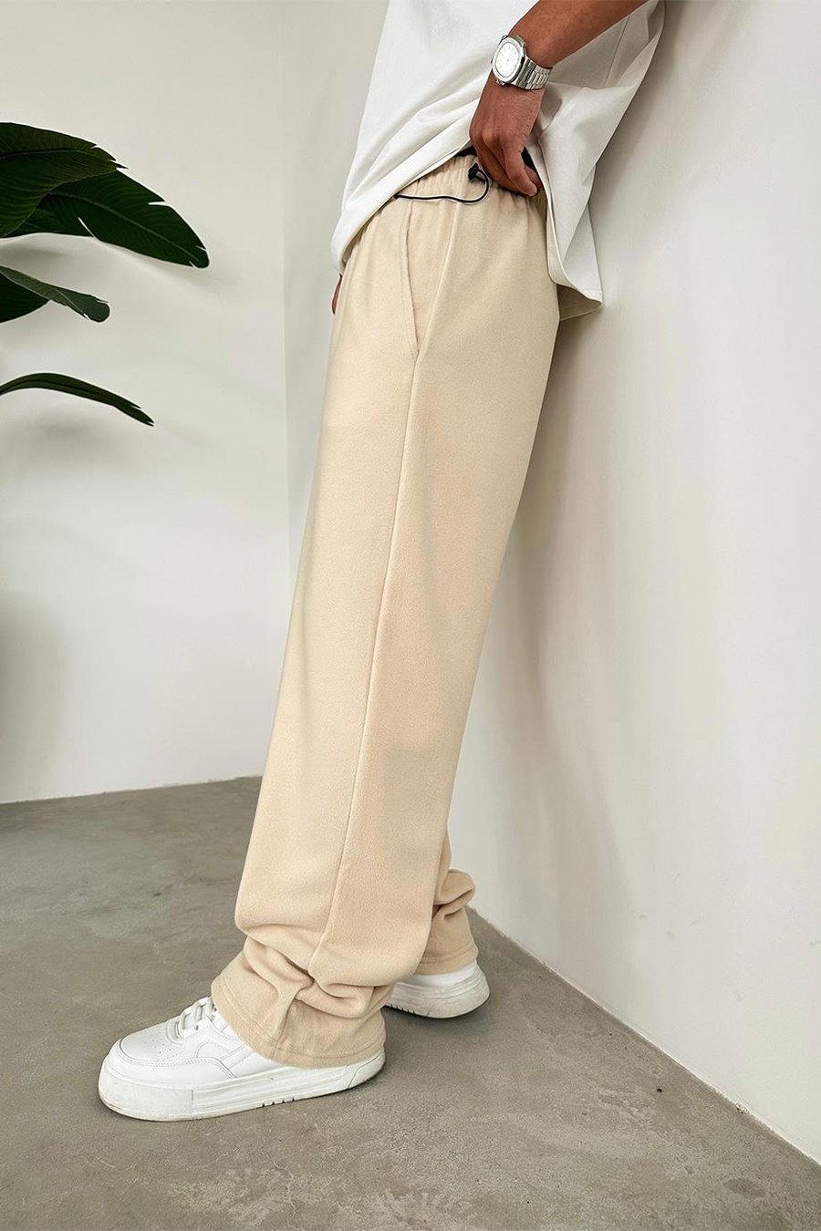 Krem Basic Polar Kumaş Baggy Eşofman