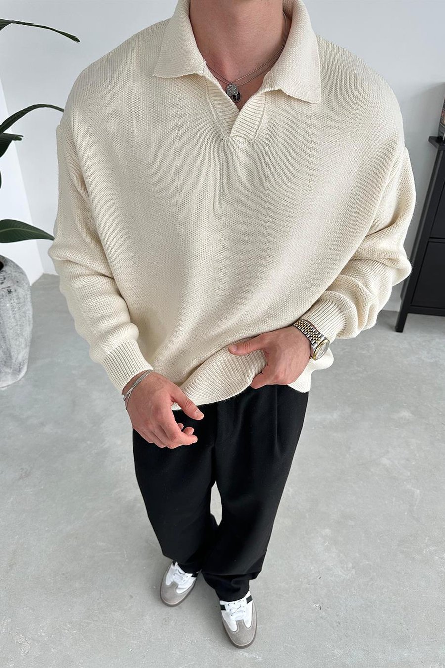 Krem Basic Polo Yaka Triko Kazak