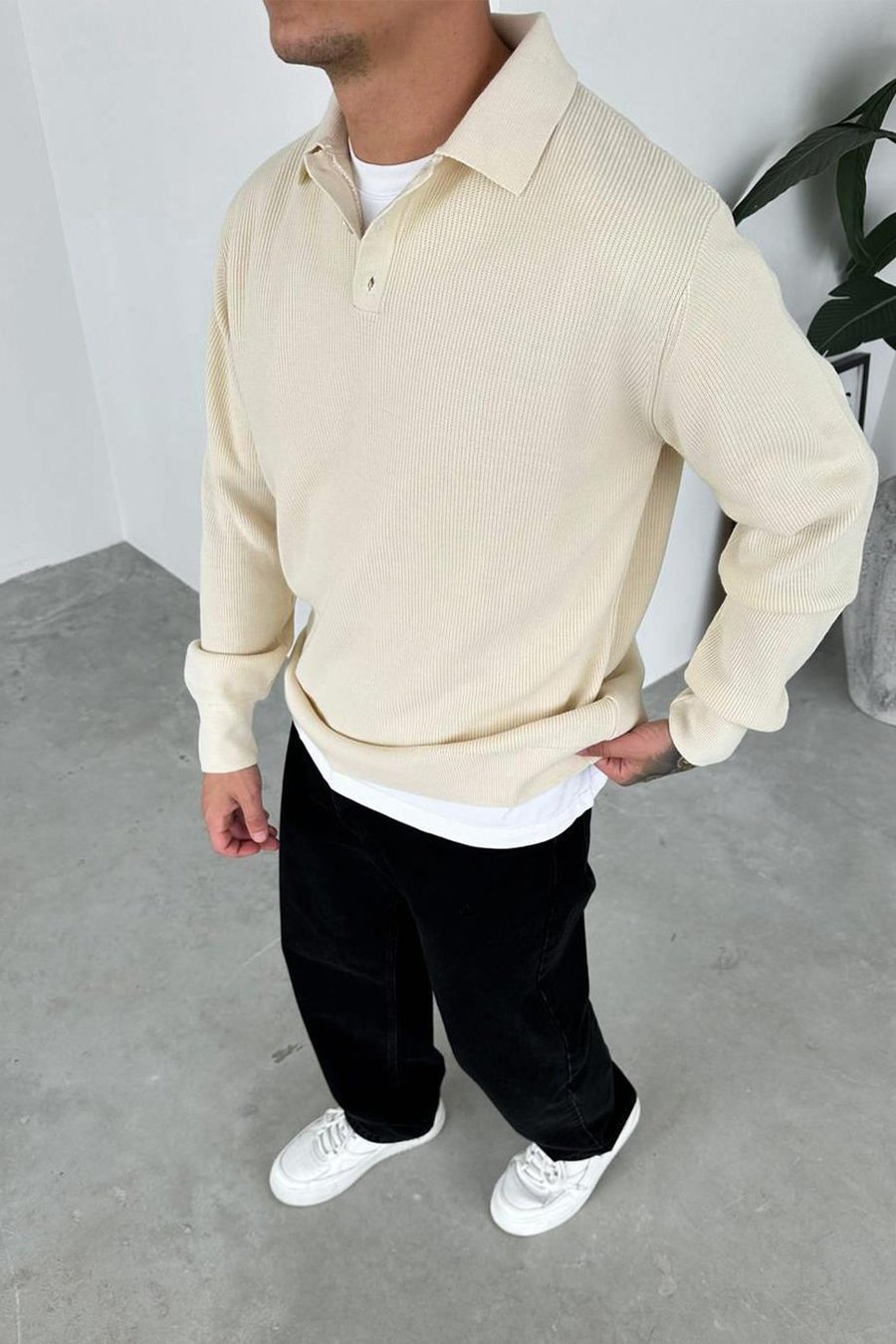 Krem Basic Polo Yaka Triko Kazak