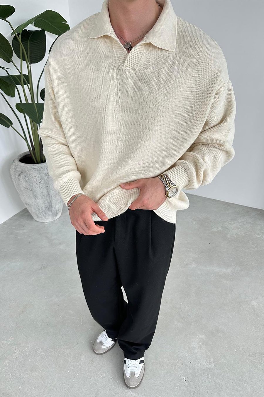 Krem Basic Polo Yaka Triko Kazak