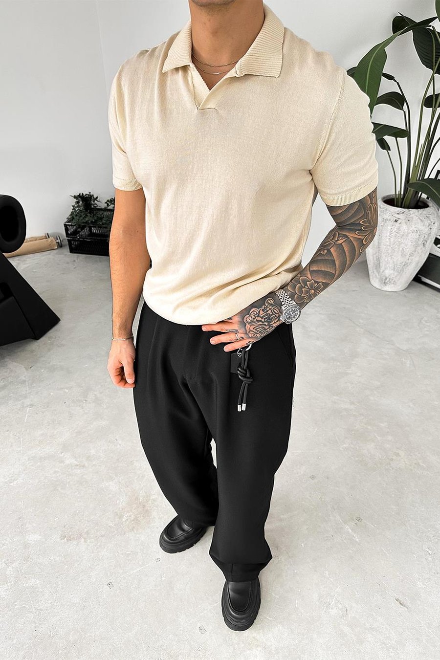 Krem Basic Polo Yaka Triko Relaxed Tişört