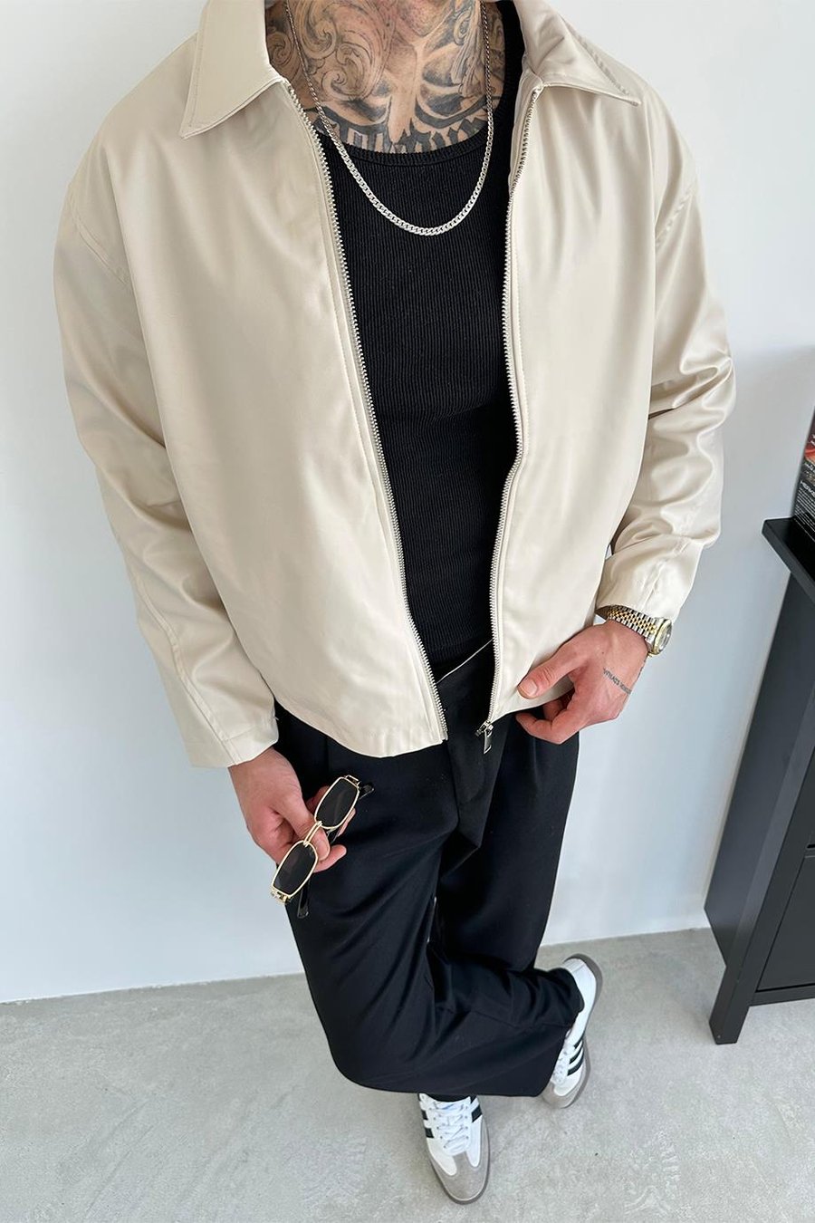 Krem Basic Relaxed Deri Ceket