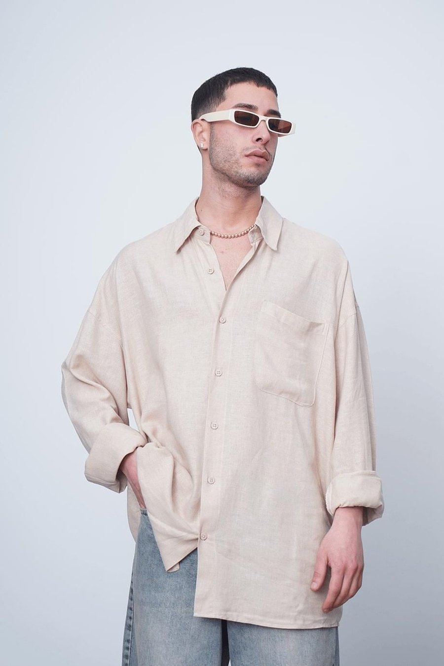 Krem Basic Uzun Kollu 1A CH Oversize Gömlek