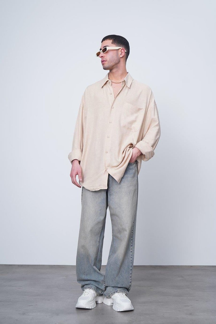 Krem Basic Uzun Kollu 1A CH Oversize Gömlek