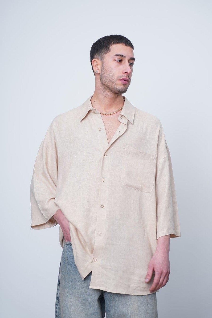 Krem Basic Yarım Kollu 1B CH Oversize Gömlek