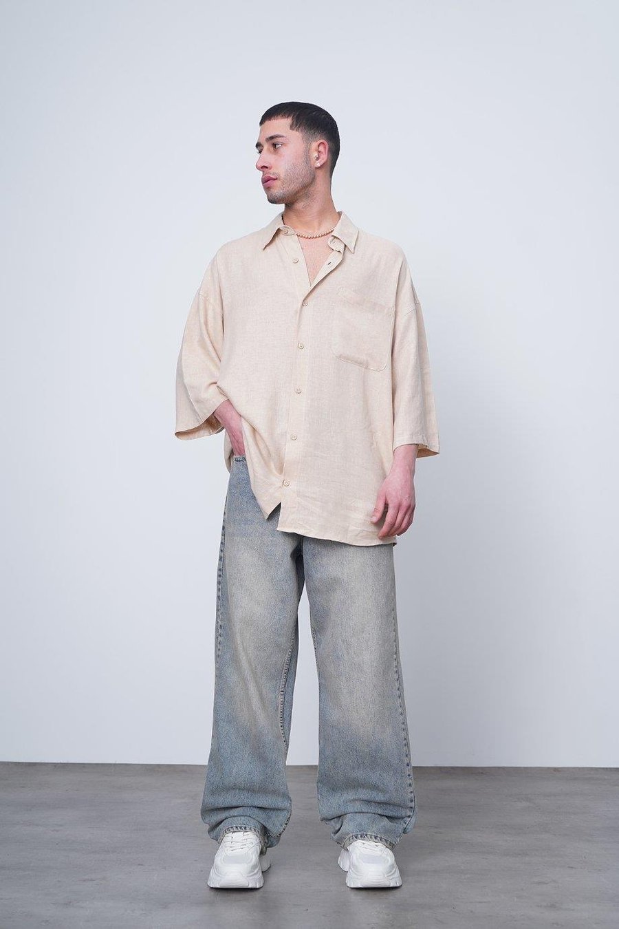 Krem Basic Yarım Kollu 1B CH Oversize Gömlek