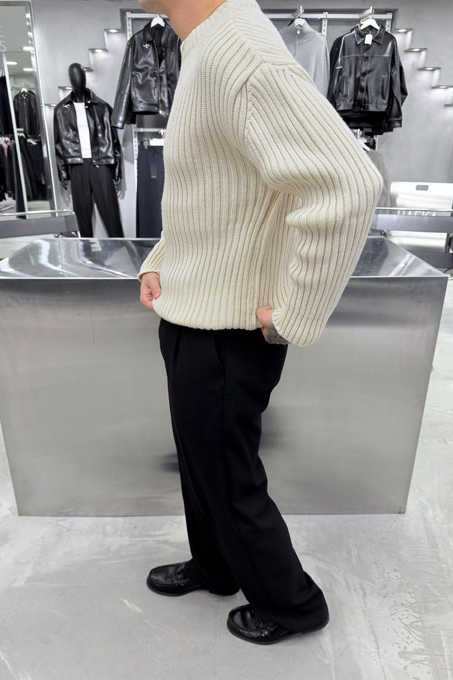 Krem Bisiklet Yaka Fitilli Oversize Triko Kazak