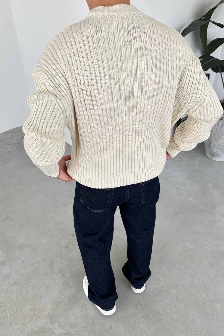 Krem Bisiklet Yaka Fitilli Oversize Triko Kazak