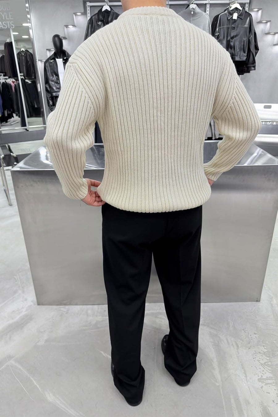 Krem Bisiklet Yaka Fitilli Oversize Triko Kazak