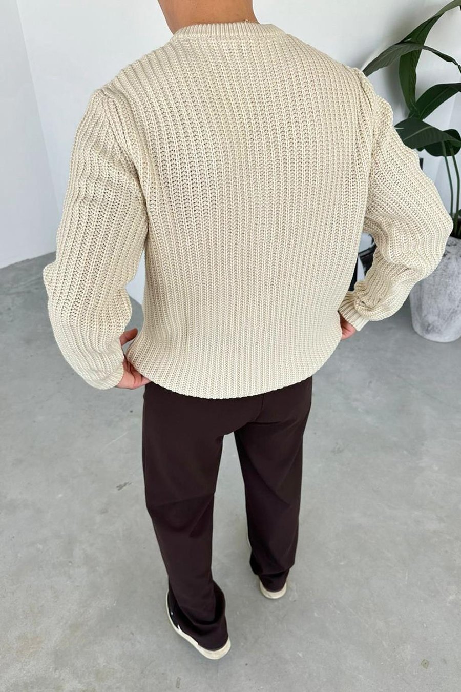 Krem Bisiklet Yaka Oversize Örgü Kazak