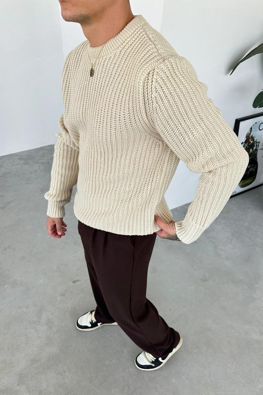 Krem Bisiklet Yaka Oversize Örgü Kazak