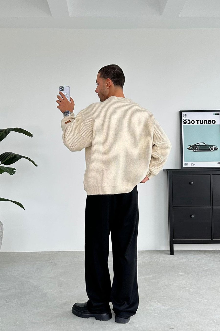 Krem Bisiklet Yaka Oversize Triko Kazak