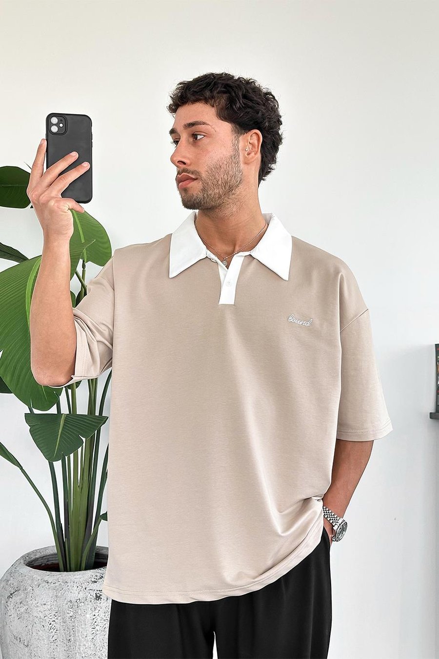 Krem Bound Polo Yaka OUTPLENTY PREMİUM Oversize Tişört