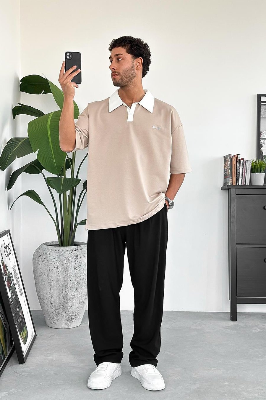 Krem Bound Polo Yaka OUTPLENTY PREMİUM Oversize Tişört