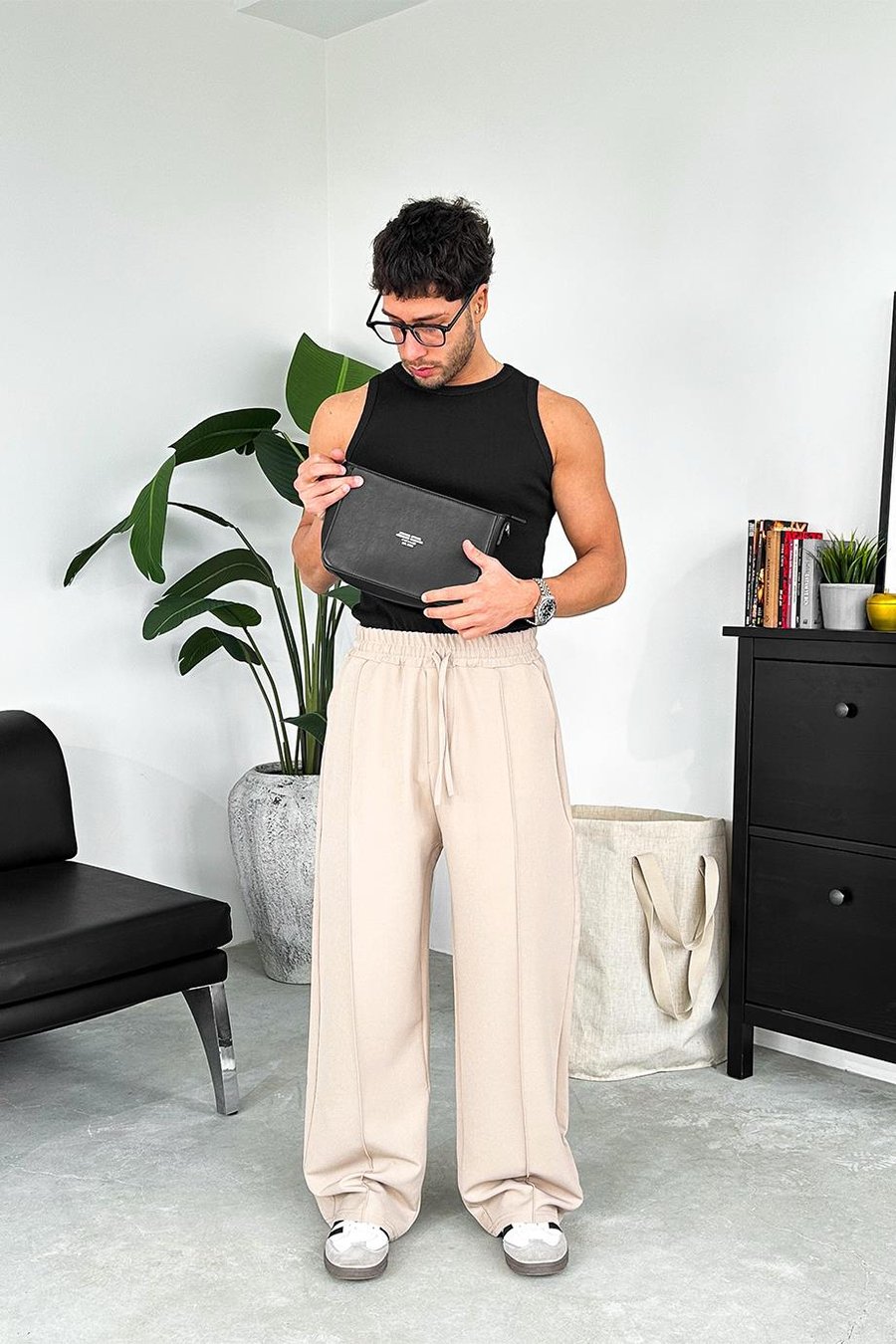 Krem Çimalı Beli Lastikli Baggy Kumaş Pantolon