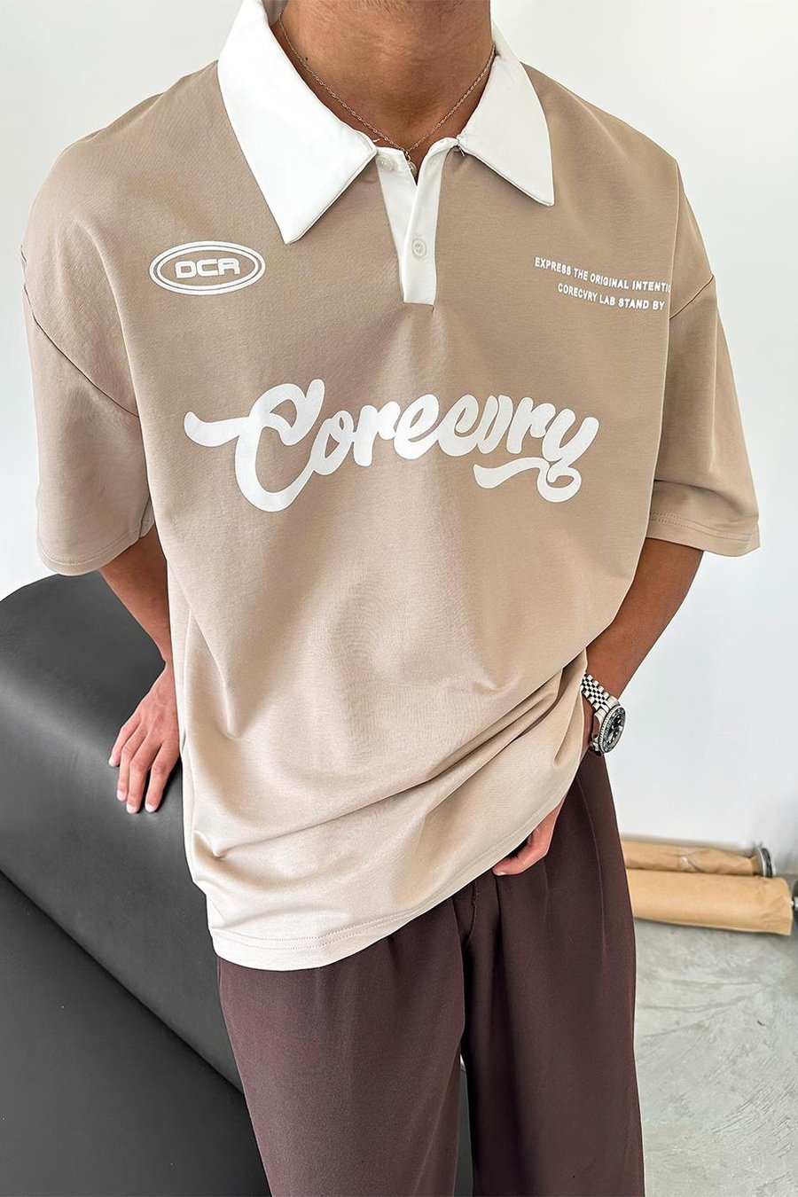 Krem Coreev Polo Yaka OUTPLENTY PREMİUM Oversize Tişört