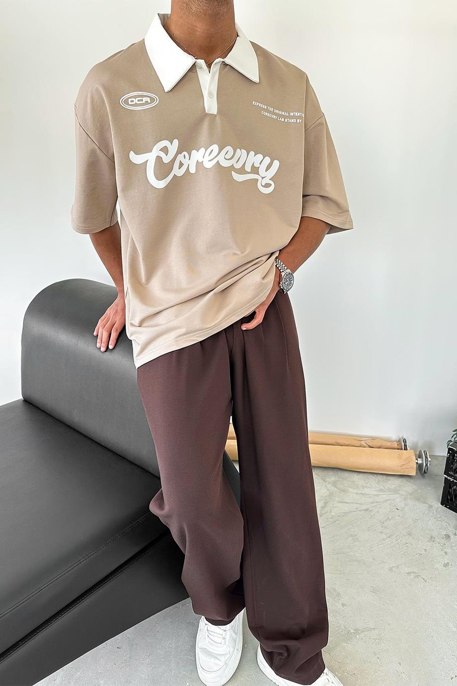 Krem Coreev Polo Yaka OUTPLENTY PREMİUM Oversize Tişört