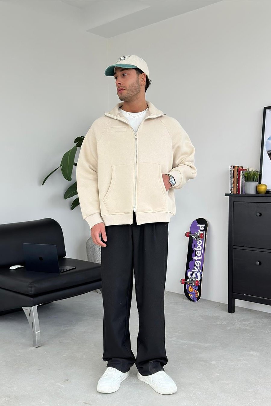 Krem Cozy Basic Çift Fermuar Oversize Sweatshirt