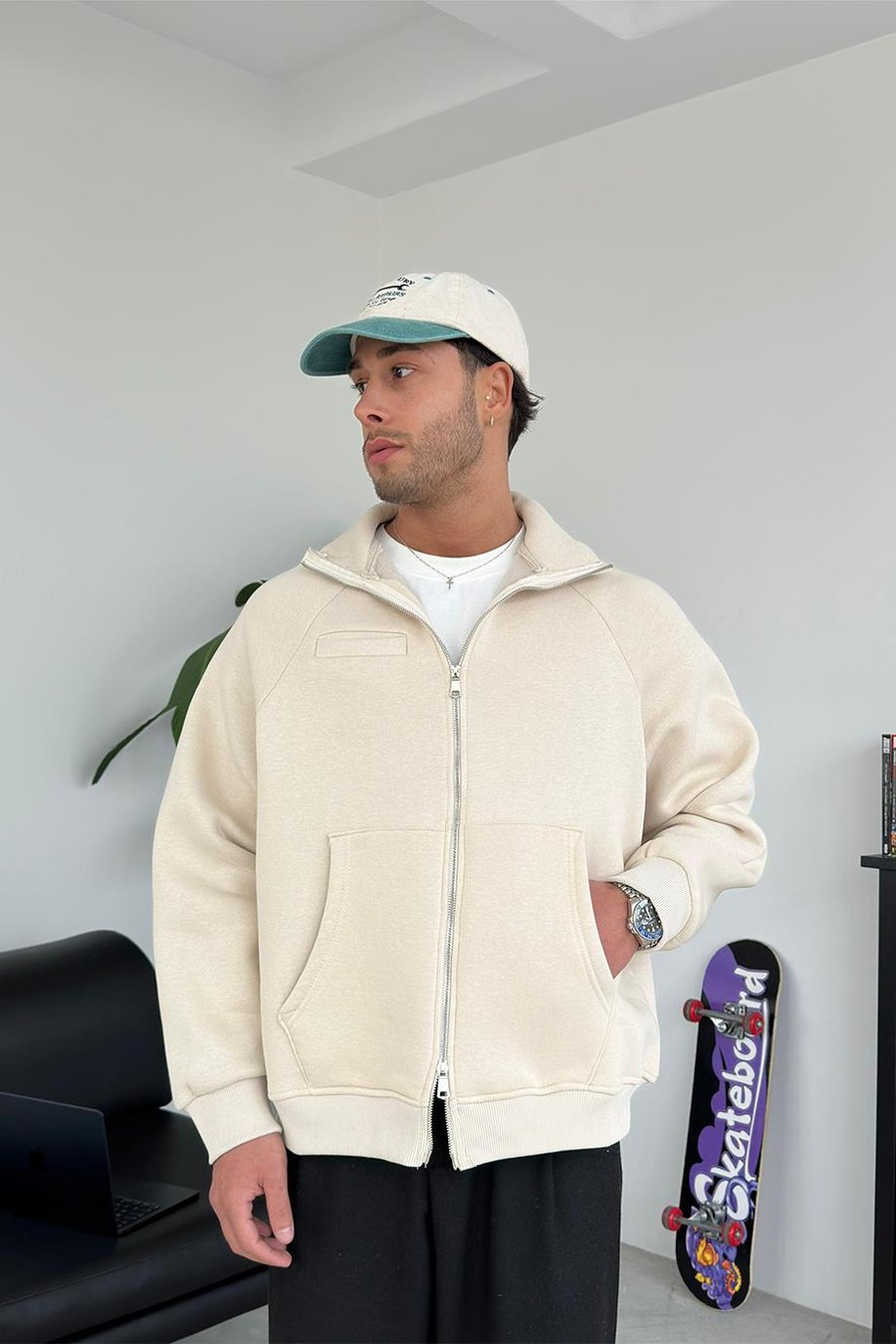 Krem Cozy Basic Çift Fermuar Oversize Sweatshirt