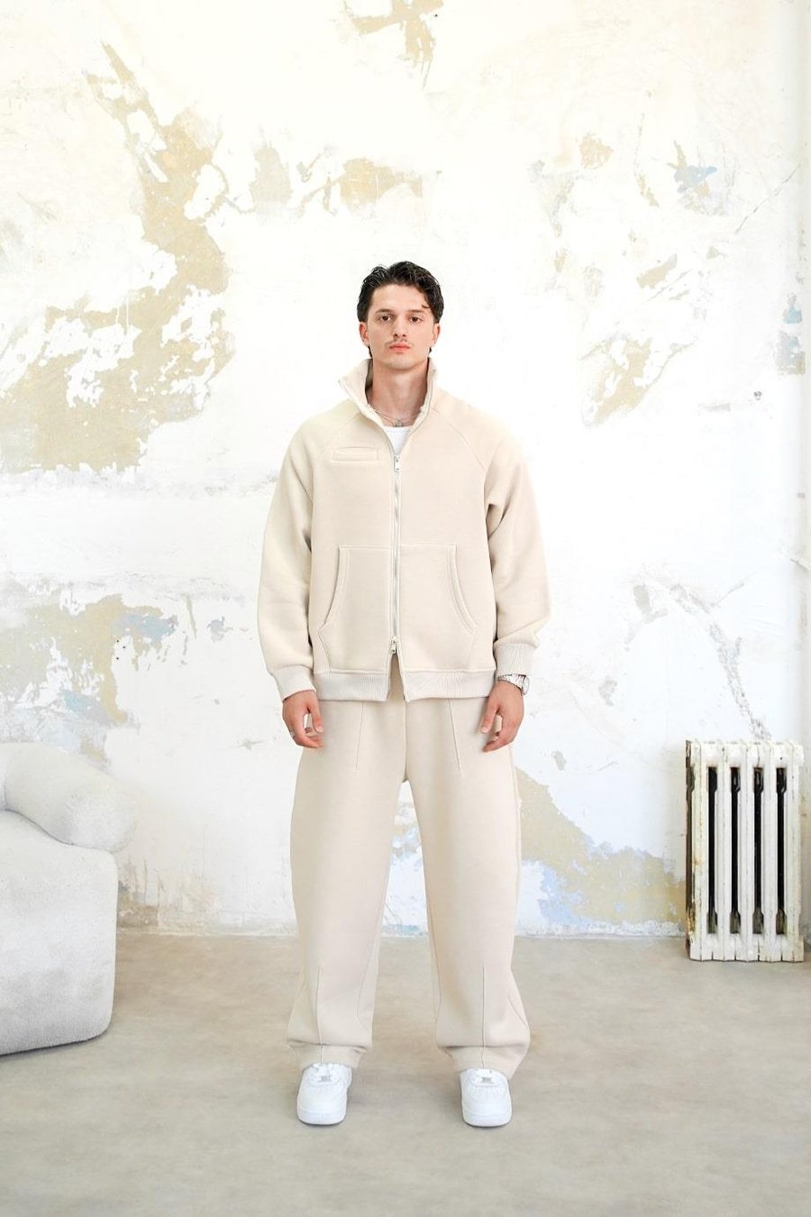 Krem Cozy Basic Çift Fermuar Oversize Sweatshirt