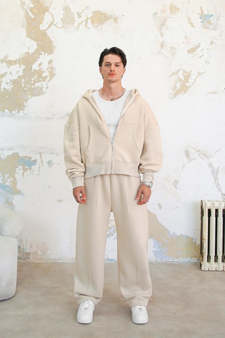 Krem Cozy Basic Tam Fermuar Oversize Sweatshirt
