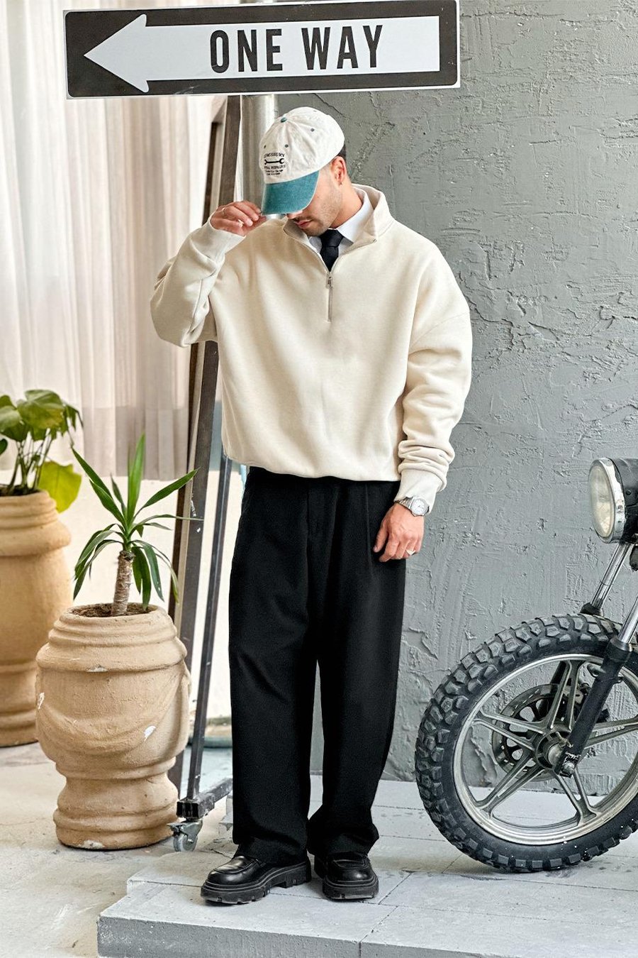 Krem Cozy Basic Yarım Fermuar Oversize Sweatshirt