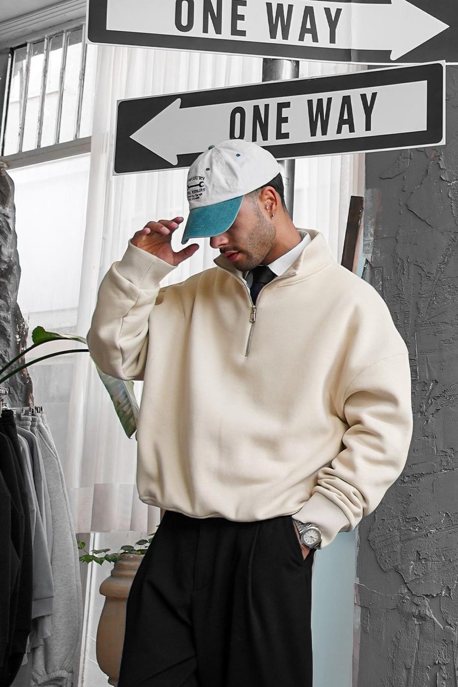 Krem Cozy Basic Yarım Fermuar Oversize Sweatshirt