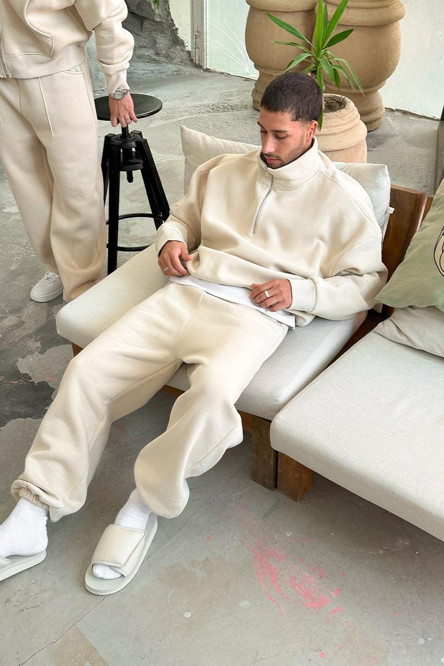 Krem Cozy Basic Yarım Fermuar Oversize Sweatshirt