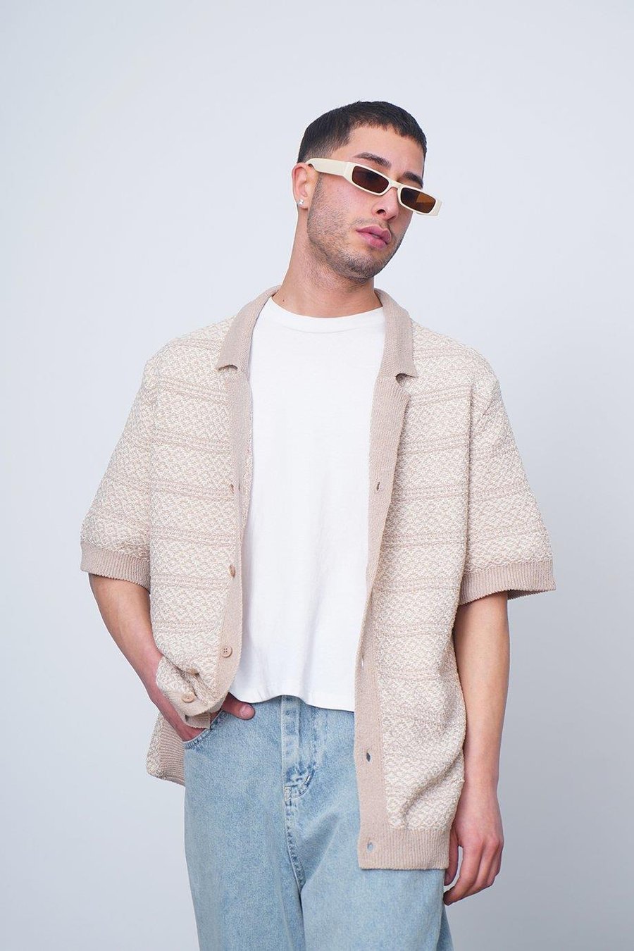 Krem Etnik İnce Örme Triko CH Oversize Hırka