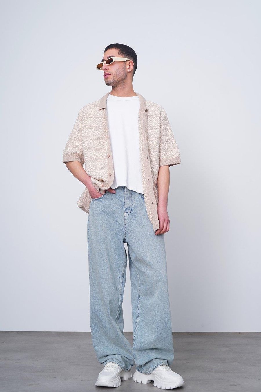 Krem Etnik İnce Örme Triko CH Oversize Hırka