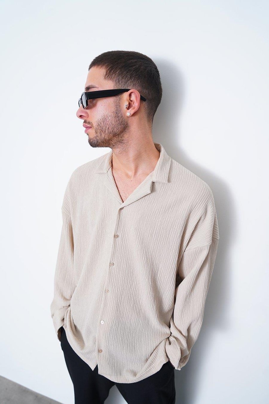 Krem Fitilli Basic 25 MH Oversize Gömlek