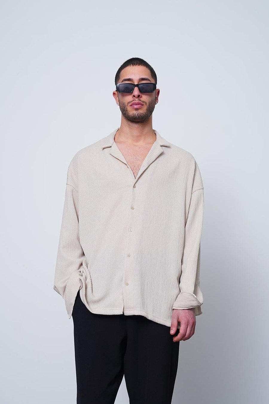 Krem Fitilli Basic 25 MH Oversize Gömlek