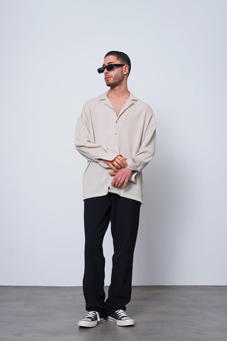 Krem Fitilli Basic 25 MH Oversize Gömlek
