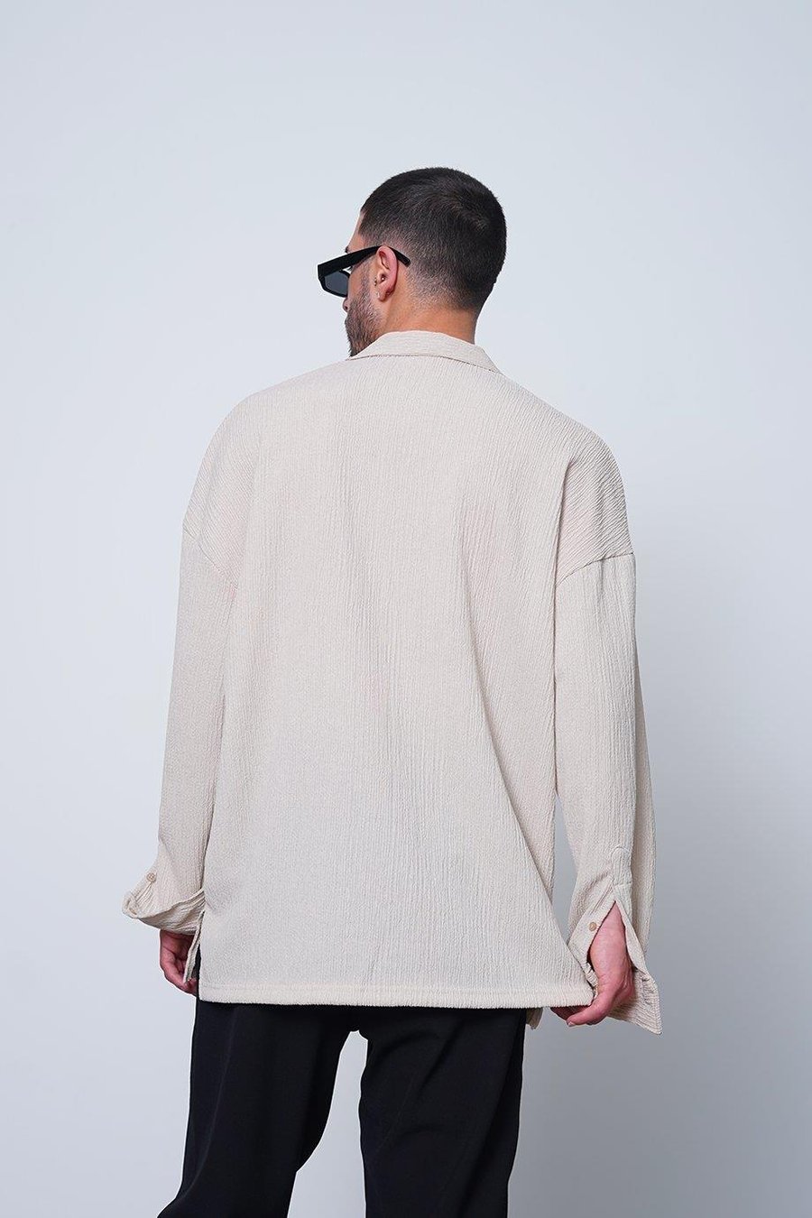 Krem Fitilli Basic 25 MH Oversize Gömlek