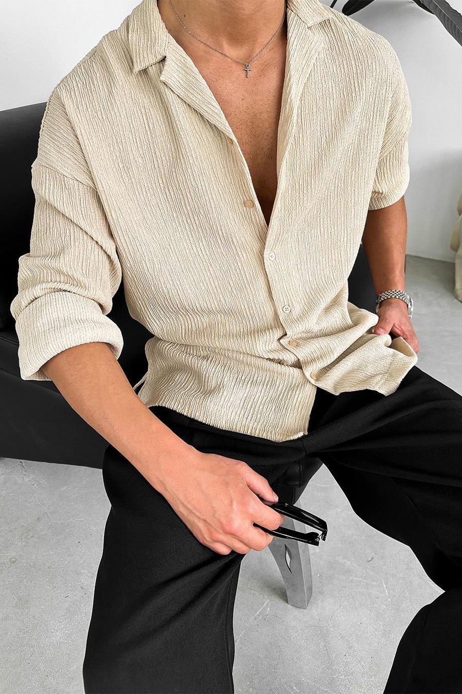 Krem Fitilli Basic Oversize Gömlek