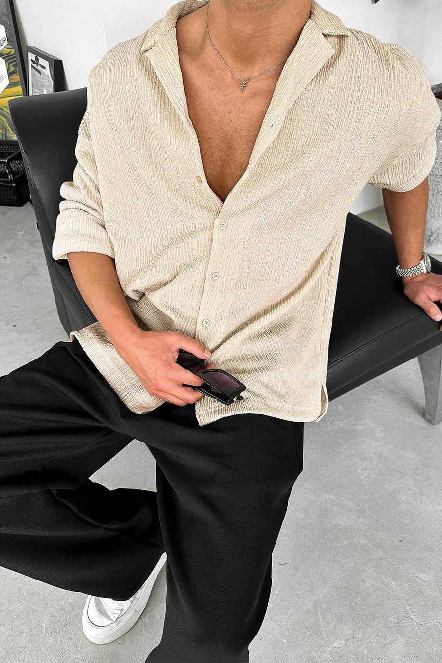 Krem Fitilli Basic Oversize Gömlek